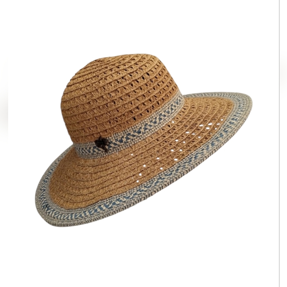 Sun'n'Sand Straw Hat Blue White Woven Trim
